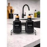 Zürih Collection 2'li Modern Cam Sabunluk Seti Siyah Metal Standlı Siyah Kapaklı Deterjanlık Seti Sıvı Cam Sabunluk - Şeffaf Siyah