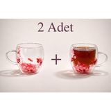 Zürih Collection Kurutulmuş Canlı Çiçekli 2 Adet Çift Cidarlı Çay Kahve Kupası Kırmızı Ortanca Çiçeği Hediyelik 250 ml - Kırmızı