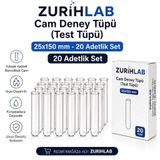 ZURIHLAB Cam Deney Tüpü 25x150 mm - 20 Adetlik Set | 20 Adetlik Set, Laboratuvar Kullanımı, 25x150 mm Boyut
