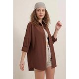 Zuzudan Kadın Oversize Kesim Basic Pamuklu Kahverengi Gömlek - 44