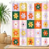 ZXMBF Retro Çiçek Damalı Duş Perdesi Estetik Çiçekli Funky Renkli Orta Yüzyıl Modern Groovy Hippi Boho Ev Banyo Dekoru Su Geçirmez Kumaş 172 U x 160 G İnç Plastik 12 Parça Kanca