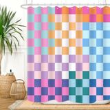 ZXMBF Retro Damalı Duş Perdesi Renkli Geometrik Modern Gökkuşağı Minimalist Harika Basit Parlak Estetik Ev Banyo Dekoru Su Geçirmez Kumaş 172 U x 160 G İnç Plastik 12 Parça Kanca