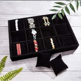 ZYC 12 Bölmeli Ahşap Üzeri Baby Face Kumaş Saat ve Takı Standı - Organizeri EBAT(35X24X5)CM - Siyah - 35 x 24 x 5