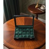 ZYC Lüks 15 Yuvalı Lüks Deri Cam Kapaklı Şık Tasarıma Sahip Saat Saklama Kutusu Ebat (34X24X8) cm - Yeşil - Siyah