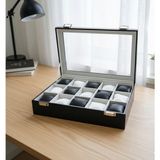 ZYC Premium 15 Yuvalı Tamamen Deri Kaplama Cam Kapaklı Şık Tasarım Saat Saklama Kutusu Ebat (34X24X8)CM - Siyah - Beyaz