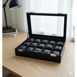 ZYC Premium 15 Yuvalı Tamamen Deri Kaplama Cam Kapaklı Şık Tasarım Saat Saklama Kutusu Ebat (34X24X8)CM - Siyah
