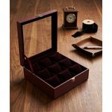 ZYC Premium 9 Yuvalı Deri Kaplama Cam Kapaklı Şık Tasarım Saat Saklama Kutusu Ebat (23X25)CM - Bordo