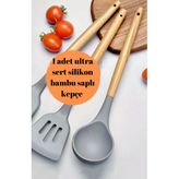 1 Adet Bambu Saplı Ultra Sert Uçlu Silikon Yemek Çorba Kepçesi