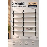 2 Modül 10 Raflı Konik Dikme Mağaza Raf Sistemi 60x30 cm Beyaz Suntalam Duvar Rafı