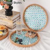 2'li El Yapımı Doğal Rattan Tepsi Sedef Desenli Yuvarlak Sunum Tepsisi Şık Servis Tepsisi 30-33 cm Mavi