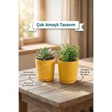 2’li Seramik Saksı (Kalemlik,fırçalık,masa Organizeri) / Modern Dekoratif El Yapımı Tasarım (Sarı)
