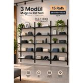 3 Modül 15 Raflı Konik Dikme Mağaza Raf Sistemi 60X30 Cm Siyah Suntalam Duvar Rafı