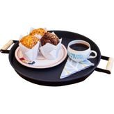 37CM Ahşap Kulplu Siyah Metal Tepsi Yuvarlak Tepsi Çay Sunum Tepsisi - 37 cm