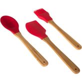 3'lü Bambu Saplı Silikon Spatula Kaşık Fırça Mutfak Seti, Kırmızı - Çok Renkli