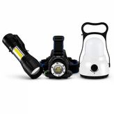 3'Lü Şarjlı Led Fener Seti Usb Şarjlı El Feneri Kafa Lambası Kamp Lambası Outdoor Acil Durum Aydınlatma Seti