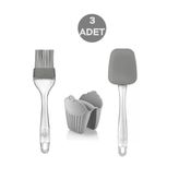 3'Lü Silikon Fırça - Spatula - Fırın Eldiveni ( Elcek - Tutaç) Gri
