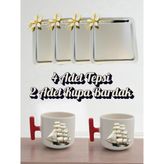 4'lü Papatyalı Tepsi Kahve Sunum Tepsisi 21X21 cm - 2'li Gemili Kırmızı Kulplu Kahve Bardağı