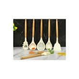 7 Parça Bambu Saplı Silikon Kepçe Spatula Mutfak Seti Kremrengi