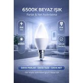 8W Led Ampul, E14 Duy, 6500K Beyaz Işık, Mum Tipi