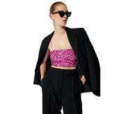 Abiye Crop Bluz Pullu Payetli İp Askılı Slim Fit