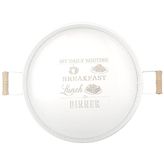 Ahşap Kulplu Desenli Yuvarlak Metal Servis Tepsisi 37CM, Kahve Tepsisi, Sunum Tepsisi (My Daily Routinebaskılı) - Beyaz