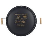 Ahşap Kulplu Desenli Yuvarlak Metal Servis Tepsisi 37CM, Kahve Tepsisi, Sunum Tepsisi (My Daily Routinebaskılı) - Siyah