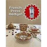 Airobazar Topkapı 6 Kişilik Çay Seti, French Press Hediyeli, 9 Farklı Osmanlı Desenli Çay Bardağı Takımı - Şeffaf