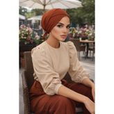 Aişe tesettür Taba Çizgili Çapraz Bone Taba Siyah Çizgi