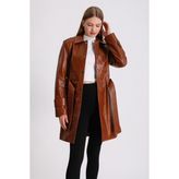Ajda Kadın Deri Trençkot - Taba - 3XL
