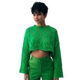 Ajurlu Crop Triko - YEŞİL