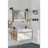 Alfa Banyo Serena 100 cm Seramik Lavabolu Banyo Dolabı Seti Safir Meşe Beyaz Hazır Kurulu