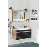 Alfa Banyo Serena 100 cm, Seramik Lavabolu MDF Banyo Dolabı Seti, Safir Meşe Siyah Hazır Kurulu