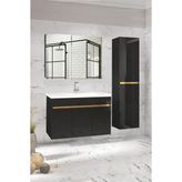 Alfa Banyo Viola3 Gold Siyah 80+35 115 cm Mdf Seramik Lavabolu Banyo Dolabı Boy Dolaplı Hazır Kurulu