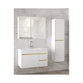 Alfa Banyo Viosen 80+35 cm Seramik Lavabolu Boy Dolaplı MDF Banyo Dolabı Seti Beyaz Gold Hazır Kurulu