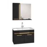 Alfa Banyo Yeni Gold 80 Cm Seramik Lavabolu Mdf Banyo Dolabı Takımı Siyah Hazır Kurulu