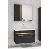 Alfa Banyo Yeni Gold Siyah 65 cm Aynalı Seramik Lavabolu Banyo Dolabı Takımı
