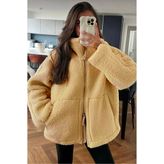ALFUDO Moda Collection Dik Yakalı Cepli Kadın Peluş Kamel Mont