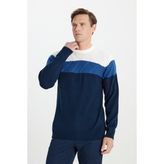 Altınyıldız Classics Erkek Ekru-Lacivert Standart Fit Normal Kesim Bisiklet Yaka Colorblock Desenli Triko Kazak - Ekru - Lacivert - XL