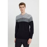 Altınyıldız Classics Erkek Gri-Siyah Standart Fit Normal Kesim Bisiklet Yaka Colorblock Desenli Triko Kazak