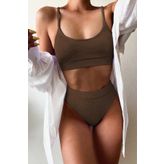 Angelsin Yüksek Bel Fitilli Kumaş Tankini Bikini Üstü