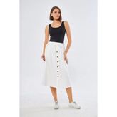 Apsen Collection Apsen Kadın Süs Düğme Beli Lastikli Bağıcık Bağlama Detaylı Keten Beyaz Etek 2191-80 - 42