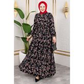 Asel Çiçekli Viskon Elbise Siyah - 46