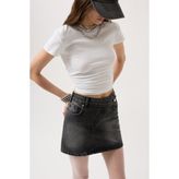 Asimetrik Kemer Denim Mini Etek - Siyah - 36
