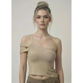 Asimetrik Tek Omuz Triko Crop Bluz - Bej