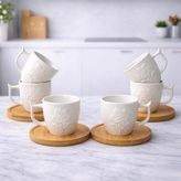 Aşkana 6 Kişilik Porselen Türk Kahvesi Fincan Takımı, Bambu Tabaklı Premium Kahve Seti,Çiçek Desen - Beyaz