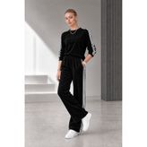 ASPRIVE Kadife Dokunuşu! Kadın Bisiklet Yaka Beyaz Şerit Detaylı Kadife Sweatshirt ve Bol Paça Eşofman Takımı