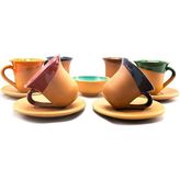 Avanos Renkli Çömlek Fincan Takımı-Mini Lokumluk Hediyeli-Toprak Fincan Takımı - Antrasit - Mavi - 100 ml