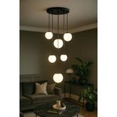 Avizemoda Pigaro 6 lı Beyaz Renk Camlı Salon Oturma Odası Modern Sarkıt Avize - (Siyah Kasa)