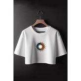 Ay ve Güneş Baskılı Crop - Beyaz - M