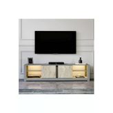 Aydos Led Işıklı Modern Tv Sehpası – Cam Raflı, 2 Kapaklı, 180 Cm Gri/Traverten
